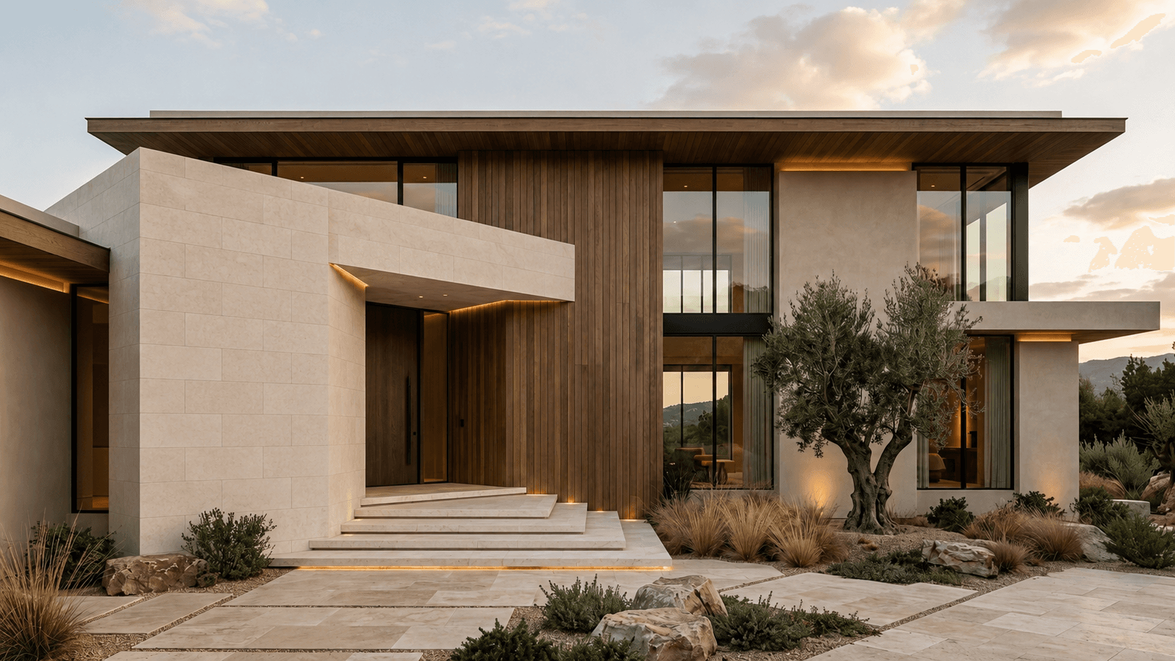 A contemporary luxury home with marble facade, warm cedar plank wall, and floor-to-ceiling glass at golden hour
